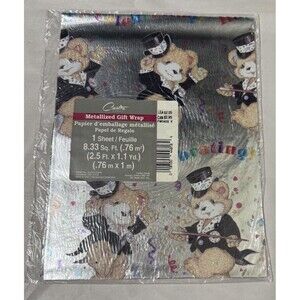 Vintage Carlton Cards Silver Metallic Teddy Bear Gift Wrap Wrapping Paper Sheet